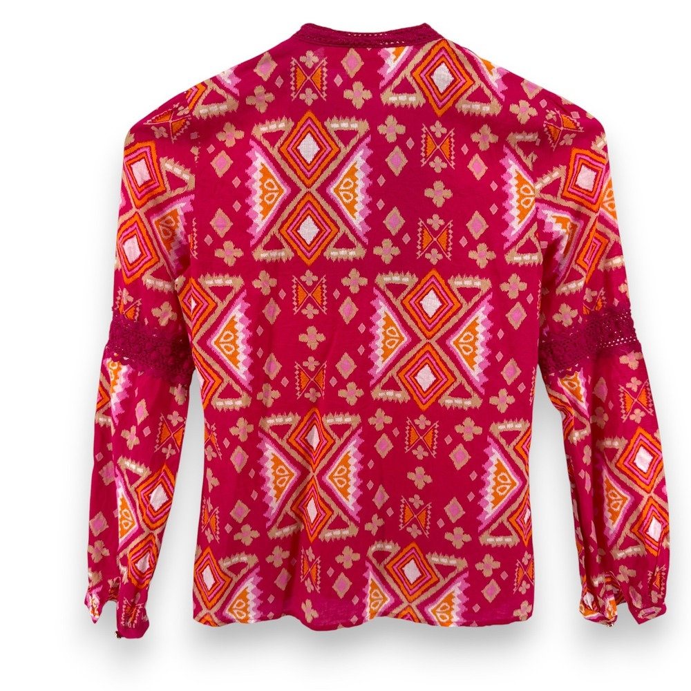 Tory Burch Pink Geometric Print Crochet Tie Neck Cotton Blouse Size 4‎ - Picture 2 of 8